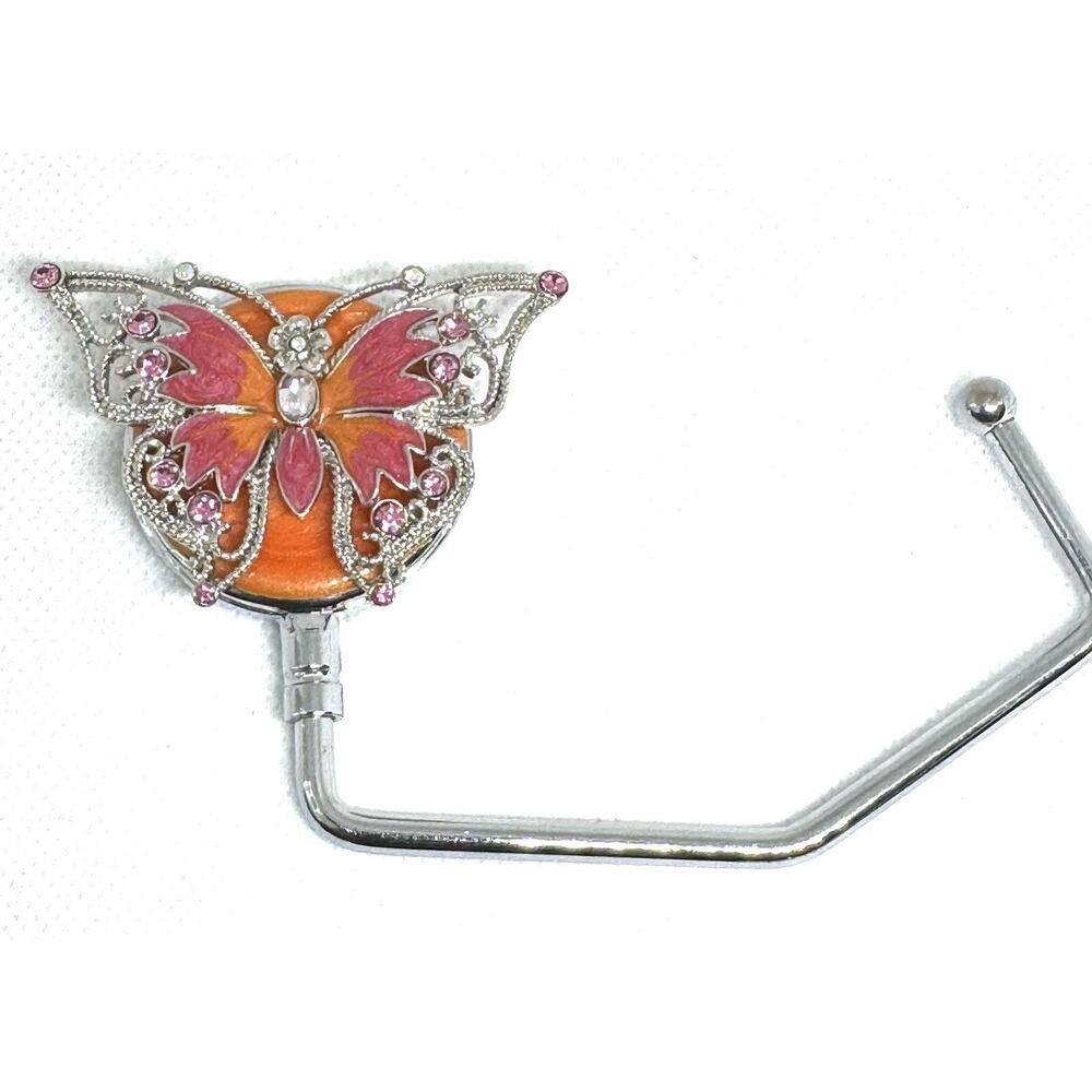 BLING BUTTERFLY PURSE BAG HOOK HOLDER ORANGE PINK FOLDING HANDBAG TABLE HANGER